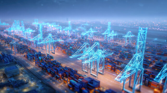 Digital twin technology visualizes futuristic port with glowing cranes and containers creating innovative industrial scene