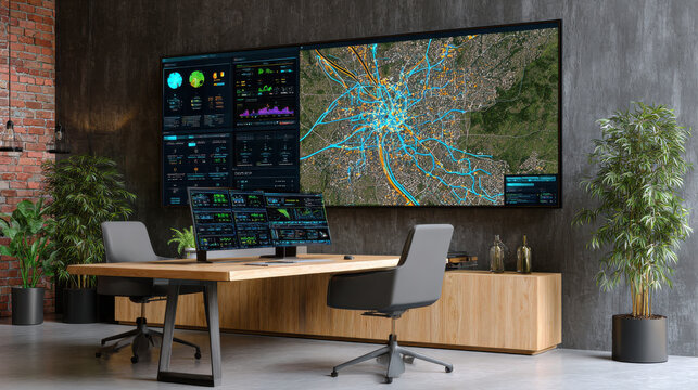 Digital twin technology displayed on multiple screens in modern office with map and data analytics for smart city monitoring