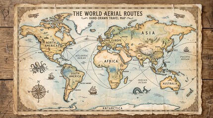 Fototapeta premium World map depicting ancient aerial routes is displayed on a rustic wooden surface, capturing the spirit of historical exploration and the evolution of global travel.