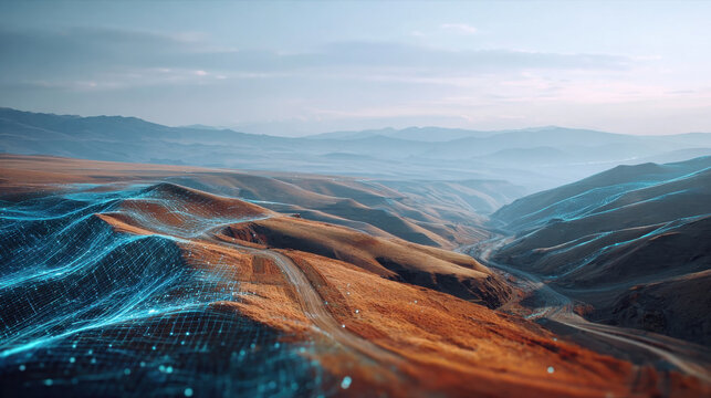 Digital twin technology visualizes terrain with glowing blue grid lines over natural landscape hills soft sky creating