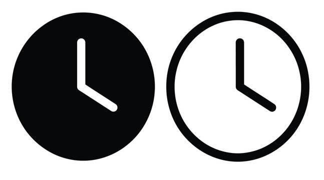 Clock icon set, simple time symbols, watch face, linear and solid style