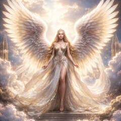 Fototapeta premium Ethereal angelic figure amidst clouds.
