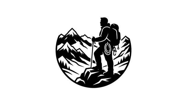 Hiker standing on mountain peak with backpack.