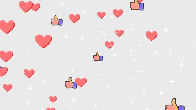 4k 60fps cartoon animation of floating thumbs up icons and pink hearts on white background.