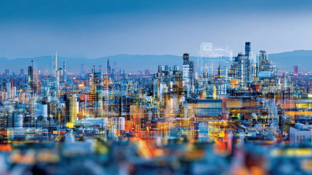 Digital twin technology enhances industrial cityscape with futuristic virtual overlay showing smart infrastructure