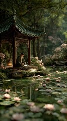 Fototapeta premium Serene pavilion beside a lotus pond with a person reading, surrounded by lush greenery and blooming flowers