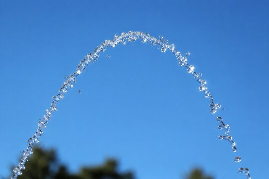 Graceful parabolic arc of a water fountain jet against a clear blue sky with glinting sunlight.