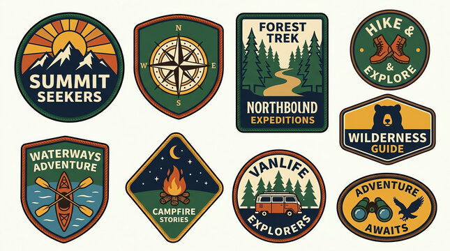 Collection of outdoor adventure and exploration themed patches.