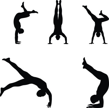 Set of black silhouettes showing athletic men performing handstands breakdancing acrobatics and gymnastics poses isolated on white background