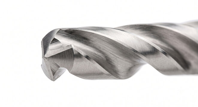 Macro photo of a surgical orthopedic stainless steel drill bit tip showing helical flutes and cutting edges. Isolated on white.