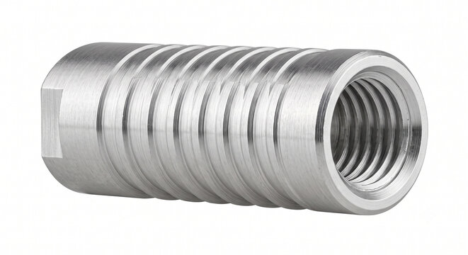 Studio macro of an archery carbon arrow aluminum threaded insert featuring external gluing ridges. Isolated on a pure white background.