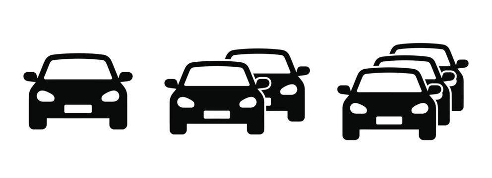 Car icon set, vehicle silhouette, single car and traffic jam