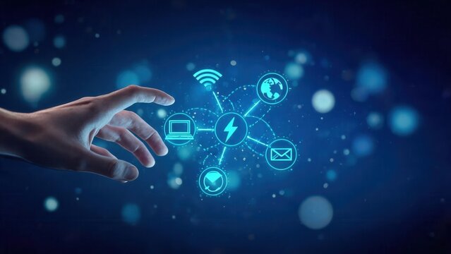 Hand interacting with digital network icons