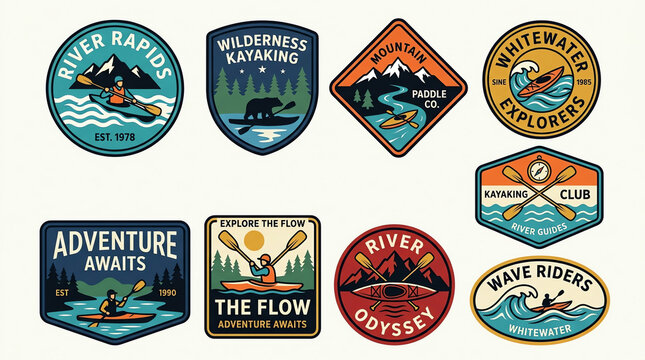 Collection of outdoor adventure and water sports patches featuring kayaking and river exploration.