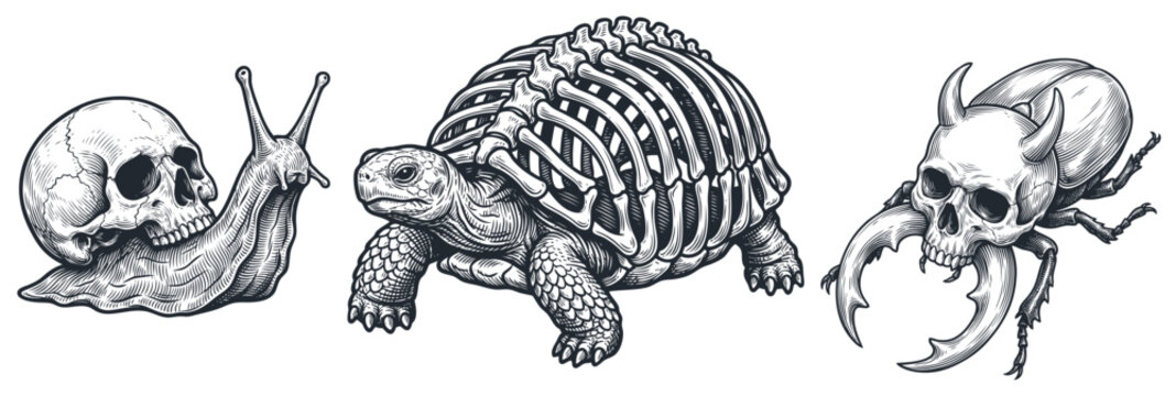 Vector set of surreal macabre animals featuring a snail with a skull, a turtle with a skeleton shell, and a beetle with a skull back in engraving style.