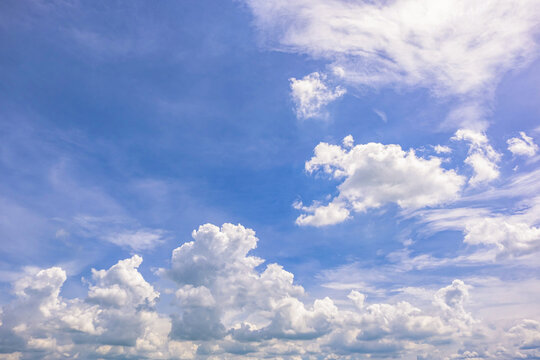 Clear Blue Sky with Soft White Clouds and Bright Natural Daylight Background, Beautiful Clear Blue Sky with Soft White Clouds and Ample Copy Space