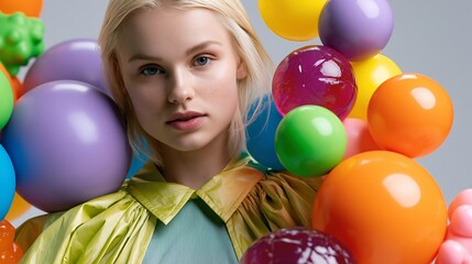 Obraz premium Portrait of blonde woman surrounded by colorful balloons