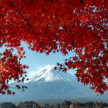 Mount Fuji, the iconic symbol of Japan, during the season of autumn foliage, a period of exceptional beauty.kawaguchiko,japan.