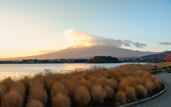 Mount Fuji, the iconic symbol of Japan, during the season of autumn foliage, a period of exceptional beauty.kawaguchiko,japan.