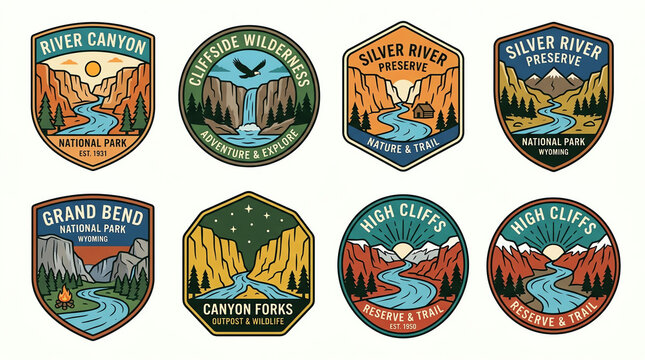 Collection of Vintage National Park Badges with River and Mountain Landscapes.