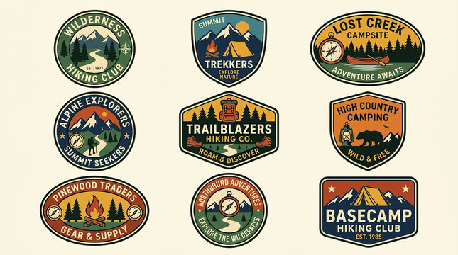 Collection of vintage outdoor adventure and camping badges with nature and exploration themes.