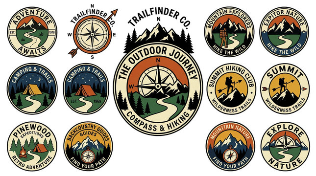 Collection of Vintage Outdoor Adventure and Hiking Emblems and Badges.