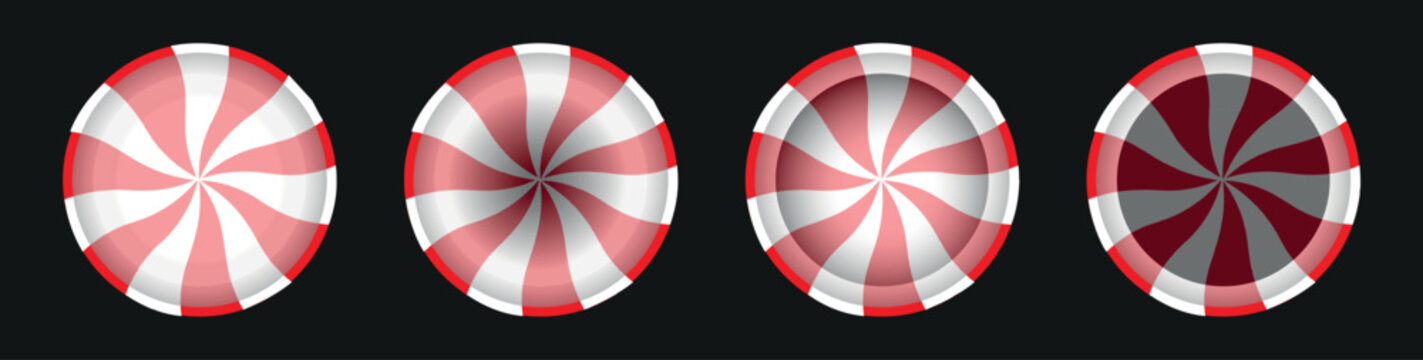 A series of four circular peppermint candy icons with a red and white swirl pattern set against a dark moody background. These graphics provide a high-contrast look suitable for professional holiday 