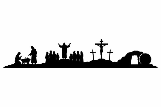 Jesus Christ Life Cycle Silhouette Birth to Resurrection
