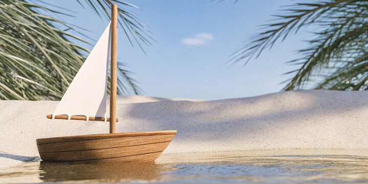 Starting a new journey with a toy sailboat placed near the sandy beach