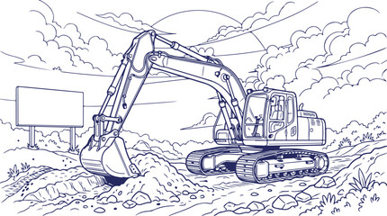 Excavator Construction Line Art with Bucket and Hydraulic Boom on Rocky Ground Under Cloudy Sky Illustration © Nayem