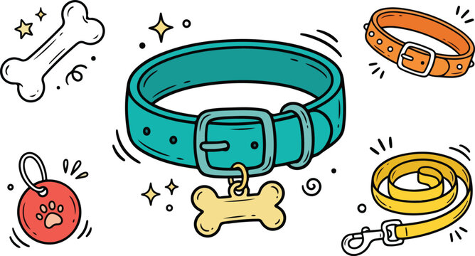 Colorful dog accessories illustration featuring collars leashes and toys