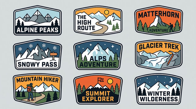 Illustrated mountain themed badges for hiking and winter wilderness adventures.