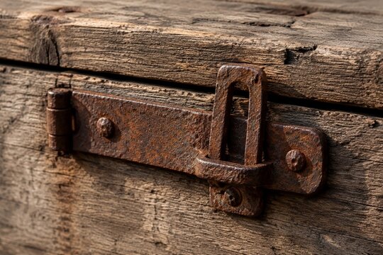 Close-up of a rusty iron hasp fastened on an old wooden crate with side lighting.