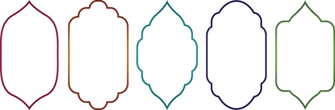 Set of five colorful Islamic arch frame outlines for Ramadan or Eid. Traditional oriental decorative borders with various curved shapes. Elegant line art templates isolated on white.