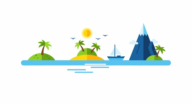 Flat design tropical island landscape with sailboat and mountain