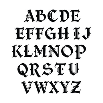 Blackletter alphabet in uppercase, featuring a gothic, decorative, and medieval font style on a white background.
