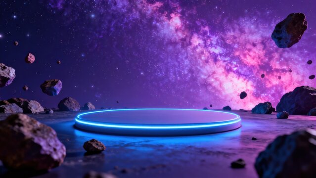Space platform with glowing ring and asteroids
