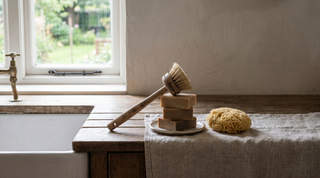 Plastic free kitchen cleaning still life with a wooden dish brush and solid soap bars by the sink