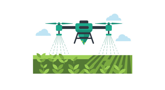 Agricultural Drone Spraying Crops Vector Illustration. Smart Farming Technology and Precision Agriculture Concept with Autonomous UAV for Irrigation and Pesticide Application.