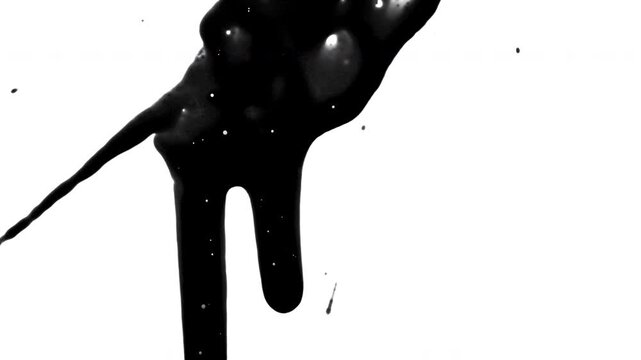 Blood splatters High contrast black liquid dripping down as a video effect element, Abstract black paint dripping on white, visual effects asset.