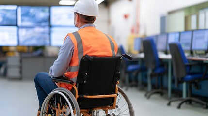 Obraz premium Professional Engineer in Wheelchair Monitors Control Room Screens, Focused on Operational Systems in an Industrial Facility
