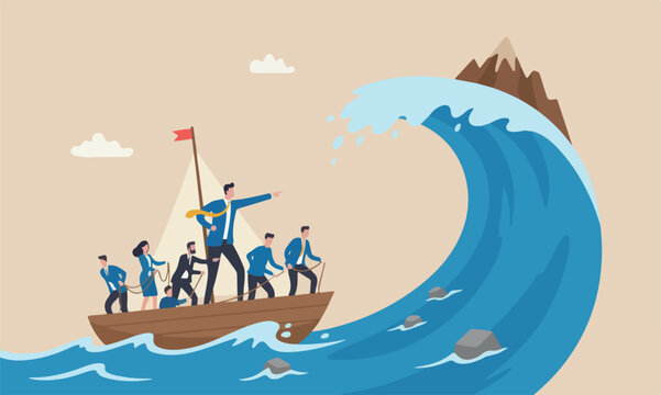 Courage uphill mountain peak risk taker concept, businessman captain point finger to lead team sailing boat to survive wave storm
