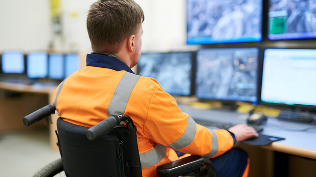 Man with disability in wheelchair work with computers at industrial control room, focused on tasks with multiple screens