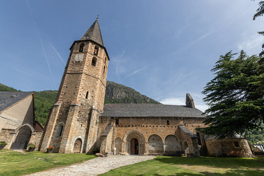 Salardu, Spain. Church of Sant Andrieu, 12th-13th century Transitional Romanesque, with its distinctive octagonal bell tower and five-archivolted south portal. Val d'Aran, Lleida