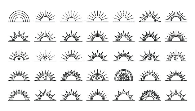 Hand Drawn Sunburst and Sunrise Icon Collection with Boho Celestial Sun Symbols Line Art Vector Set Isolated on White Background