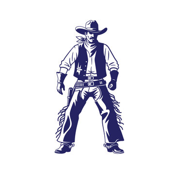Full body illustration of a western cowboy standing in traditional attire with frontier tradition american lifestyle character clothing historical illustration isolated background standing