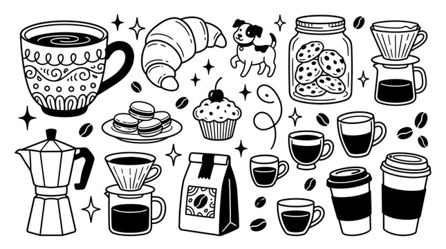 Coffee and Bakery Doodle Illustration Set with Pastries and Mugs