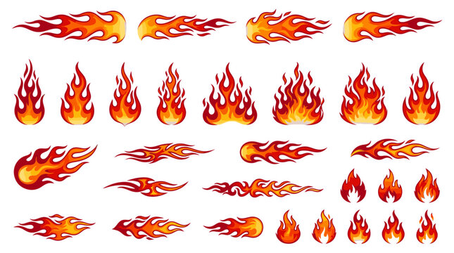 Set of stylized fire and flame vector icons isolated on white