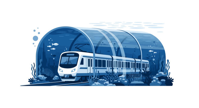 Futuristic Underwater Metro Train Traveling Through a Glass Ocean Tunnel Illustration
