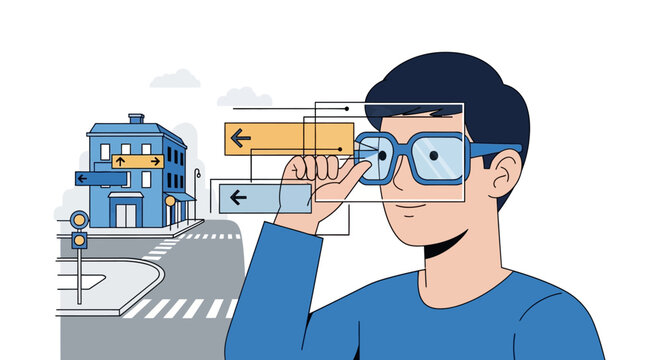 Augmented Reality Navigation Illustration: Man Using Smart Glasses for Digital Wayfinding in a City Environment with HUD Interface